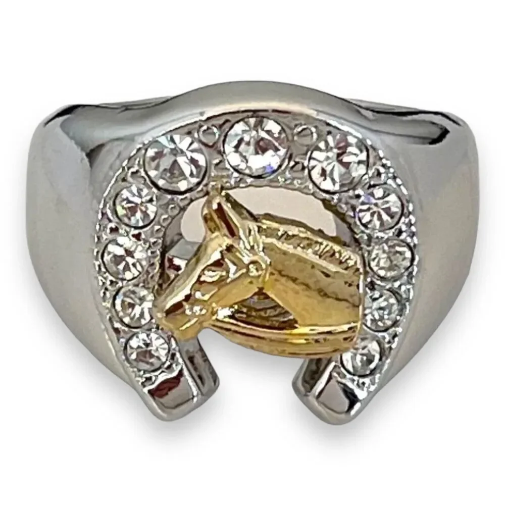 Vintage 1980s Ring Size 9 Horseshoe Horse CZ Two Tone Gold Plated - 14P